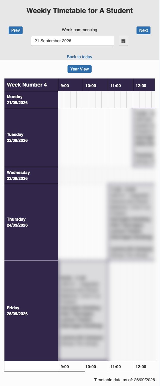 The same timetable on a phone. The grid is cut off and the text is very small.